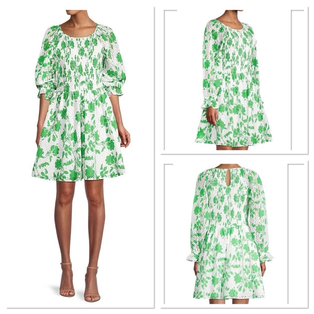 Rachel Parcell White Green Smocked Eyelet Long Sleeve Mini Dress Size Medium